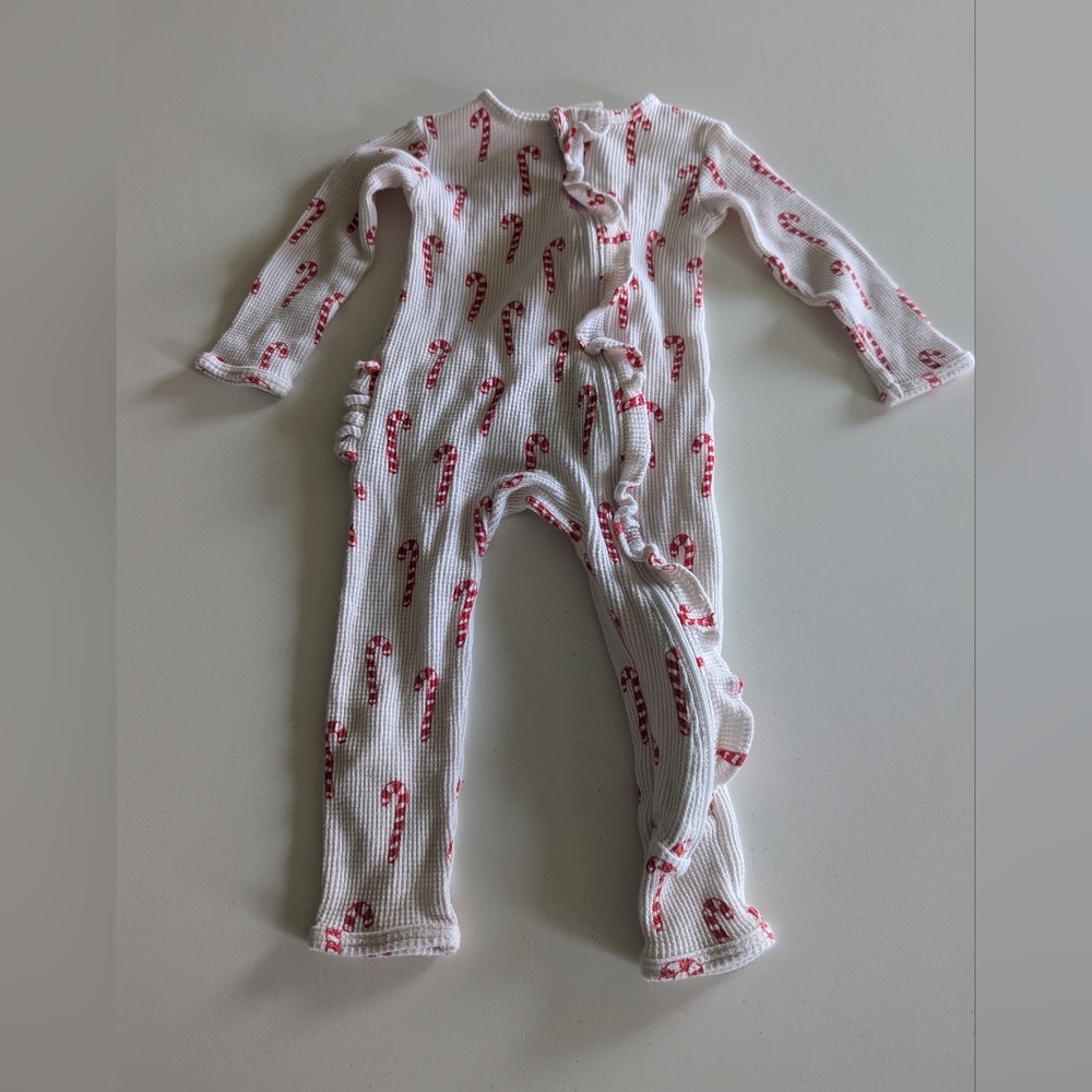 Organic Waffle Ruffle Zip Footie Pink Candy Cane Sleeper 12-18 Baby Christmas